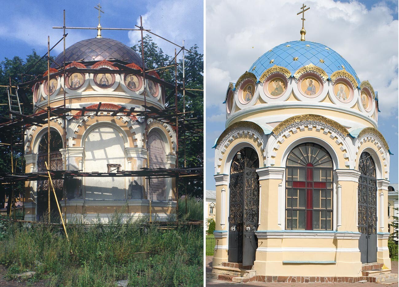 Left: St. Nicholas-Ugreshky Monastery. Chapel of Appearance of Icon of St. Nicholas (under restoration), southeast view. August 4, 1996. Right: Chapel of Appearance of Icon of St. Nicholas, southeast view. July 10, 2013