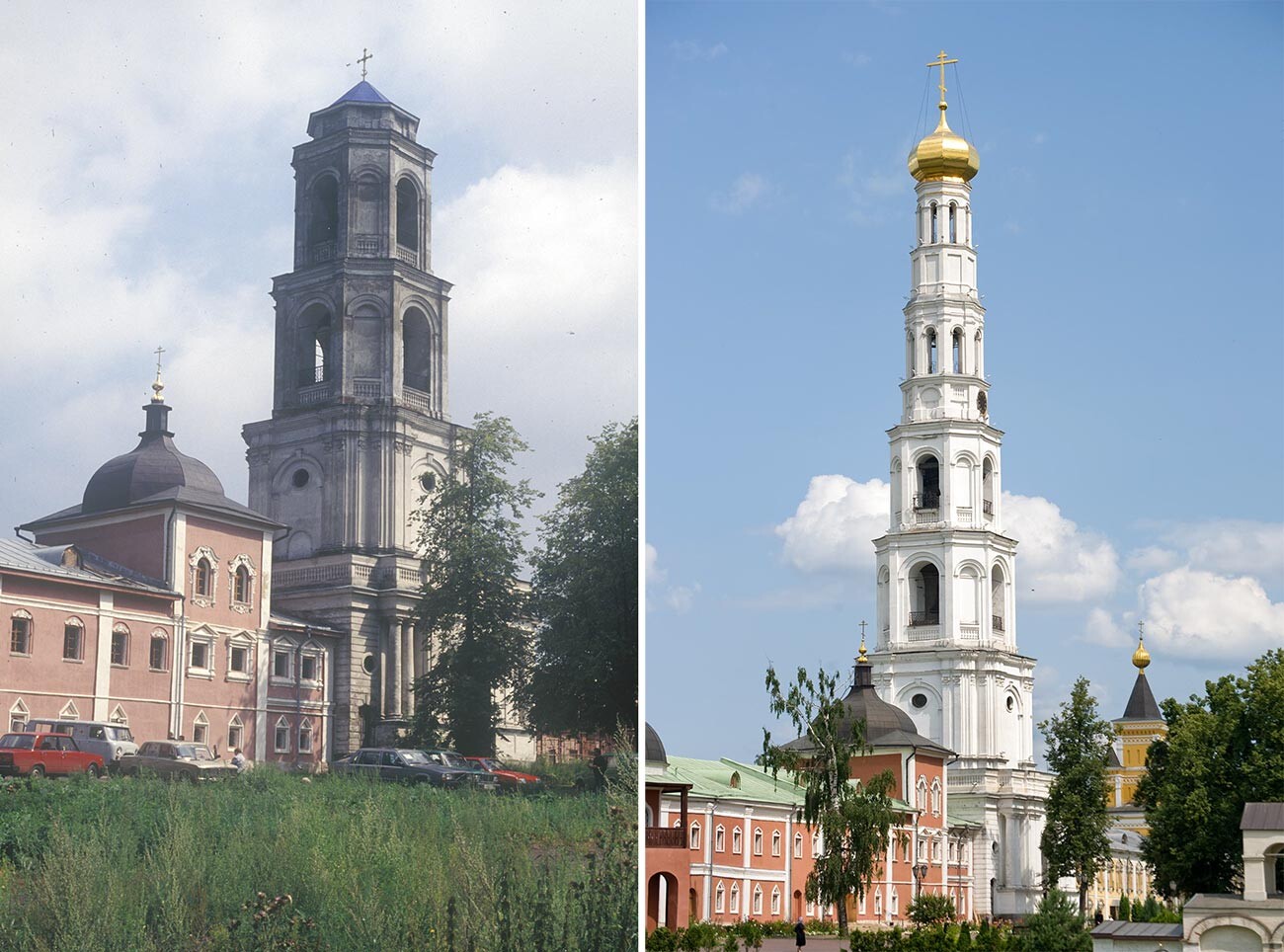 Left: St. Nicholas-Ugreshky Monastery. Church of the Dormition. Southwest view with original 18th-century bell tower containing Church of Decapitation of John the Baptist. August 4, 1996
Right: Church & bell tower with two 19th-century tiers restored after demolition in Soviet period. July 10, 2013