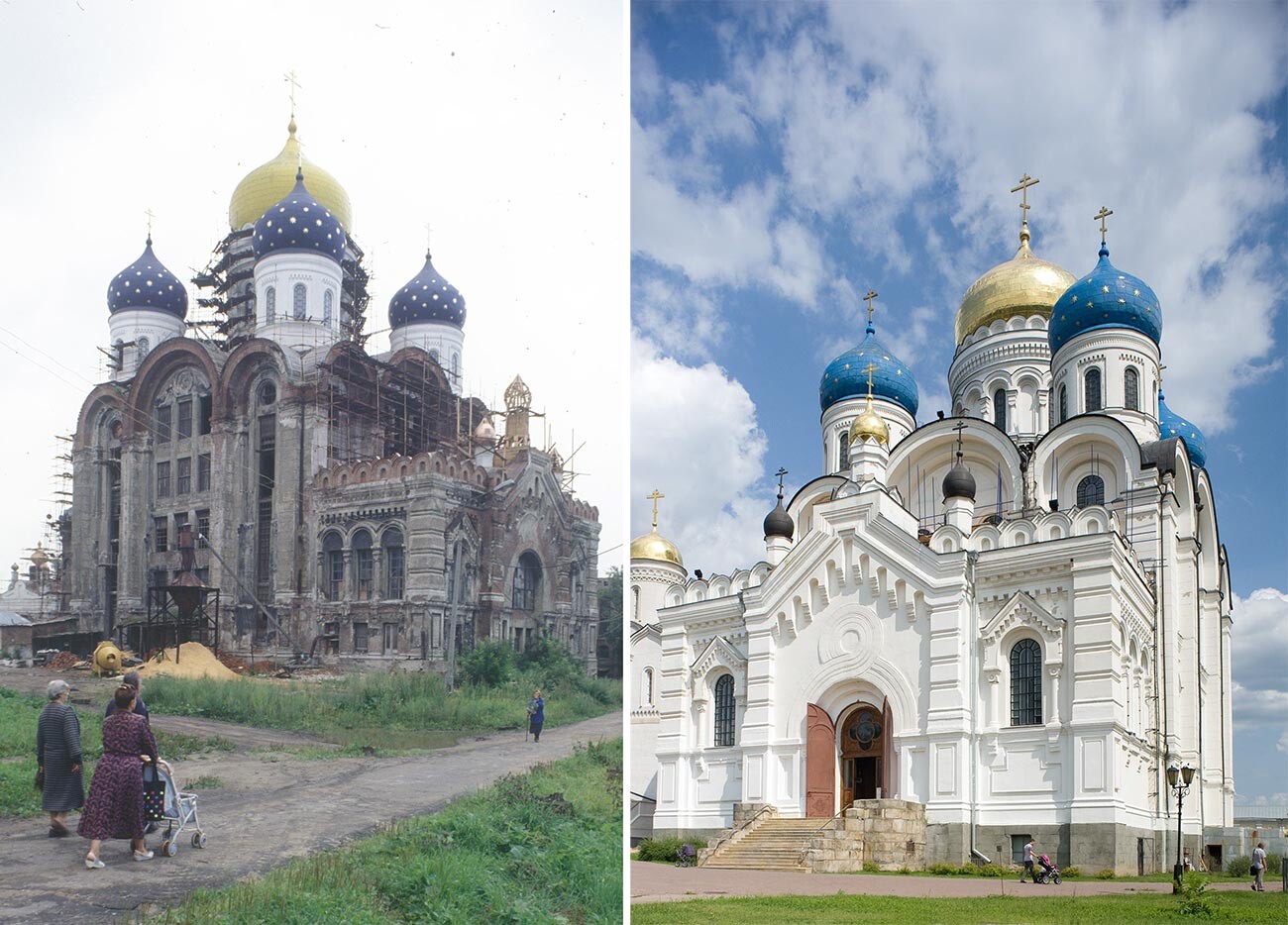 Left: St. Nicholas-Ugreshky Monastery. Transfiguration Cathedral, northwest view (under restoration). August 4, 1996. Right: Transfiguration Cathedral, west view. July 10, 2013