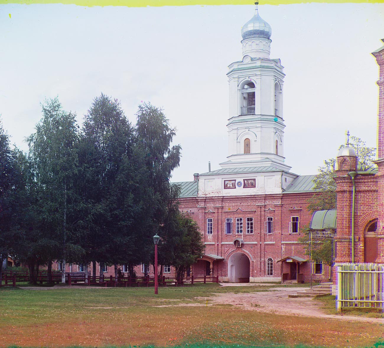 Leushino. Convent of Nativity of John the Baptist (now submerged in Rybinsk Reservoir). Bell tower & Church of St. John of Ryla over Holy Gate. Summer 1909
