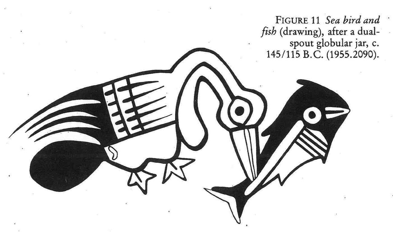 Un ave marina y un pez, dibujo sobre una bola redonda con dos picos, hacia 145/115 a.C. (1955, 2090). 