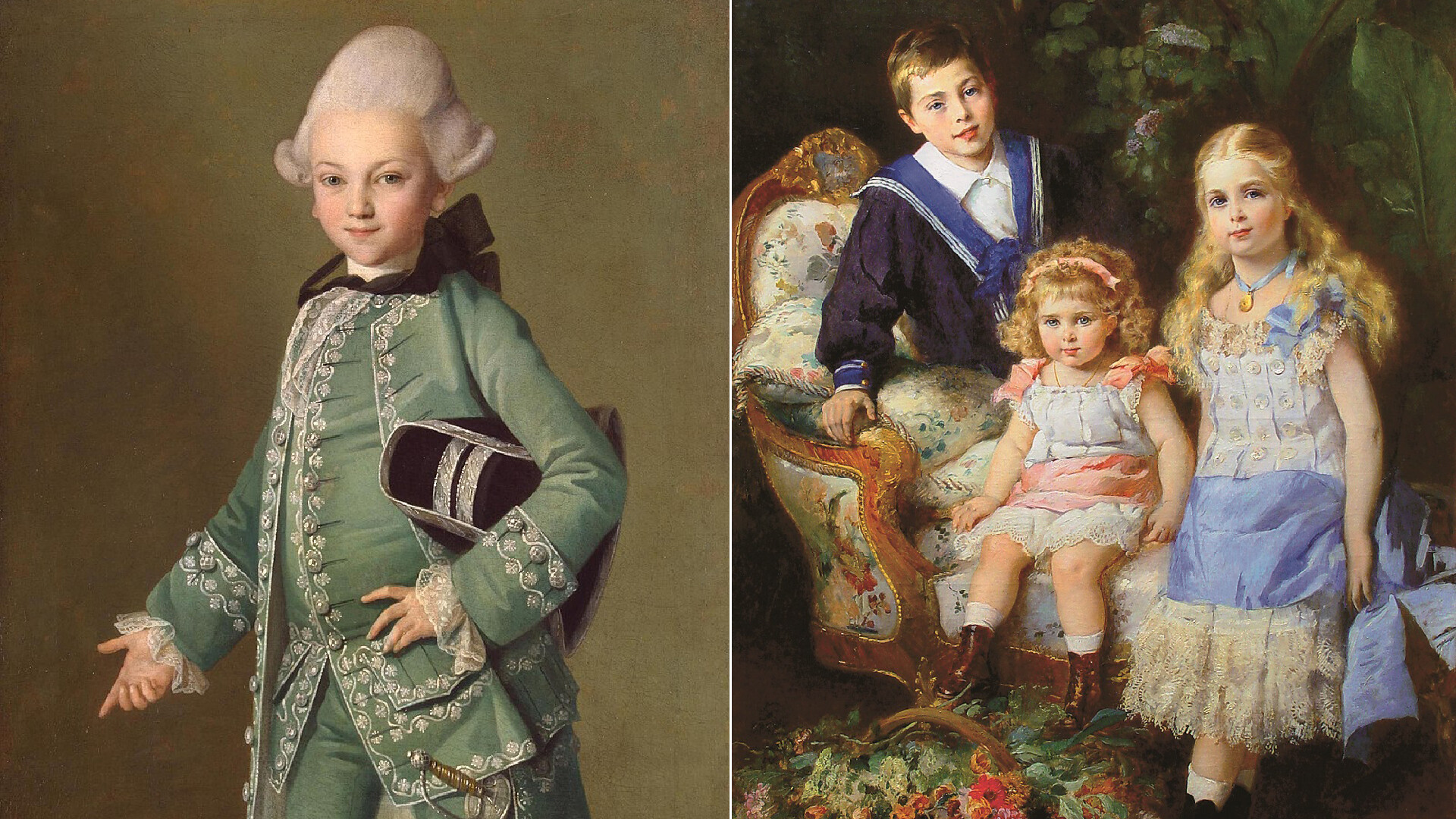 七歳のアレクセイ ボブリンスキー、エカチェリーナ2世とグリゴリー・オルロフの息子　 (C. L. Christinec, c. 1770)／アレクサンドル2世とエカチェリーナ・ドルゴルーコワの子供のゲオルギー、エカチェリーナ、オリガ（K. Makovsky, 1881)