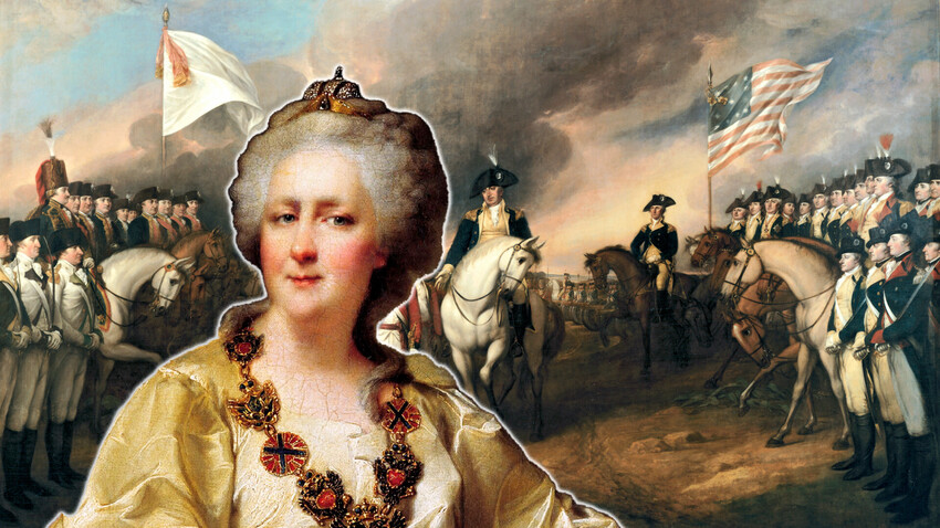 Caterina la Grande dal ritratto del 1780 di Dmitrij Levinskij, con sullo sfondo il dipinto “La resa di Lord Cornwallis”, di John Trumbull, realizzato del 1819-20, su commissione del governo Usa, per commemorare la vittoria nella Battaglia di Yorktown del 1781, atto finale della Rivoluzione americana