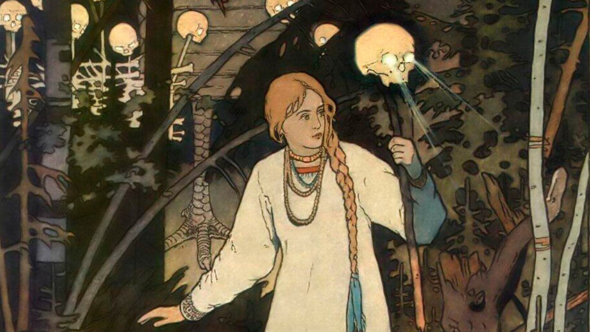 "Vasilisa Prekrasnaya" by Ivan Bilibin. In this picture, we see a Russian witch: she has one braid, which means she wasn't married, her hair isn't covered, which means she transcends the traditions, and she has a lit-up human skull on a stick, wonder what is it for?