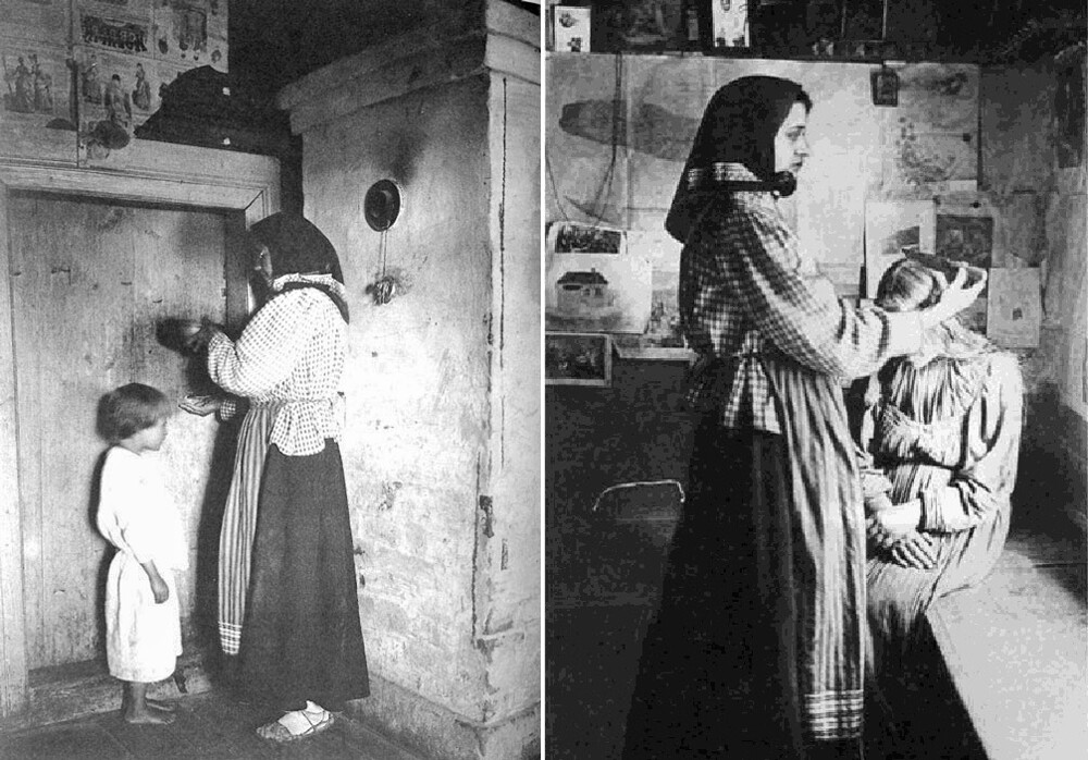 A sinistra una znakharka (guaritrice) “cura” un bambino con acqua “incantata” in uno speciale rituale; a destra tratta invece una epilettica con l’aiuto di un coltello sulla testa e di preghiere. Villaggio di Uvjaz, Governatorato di Rjazan, 1914