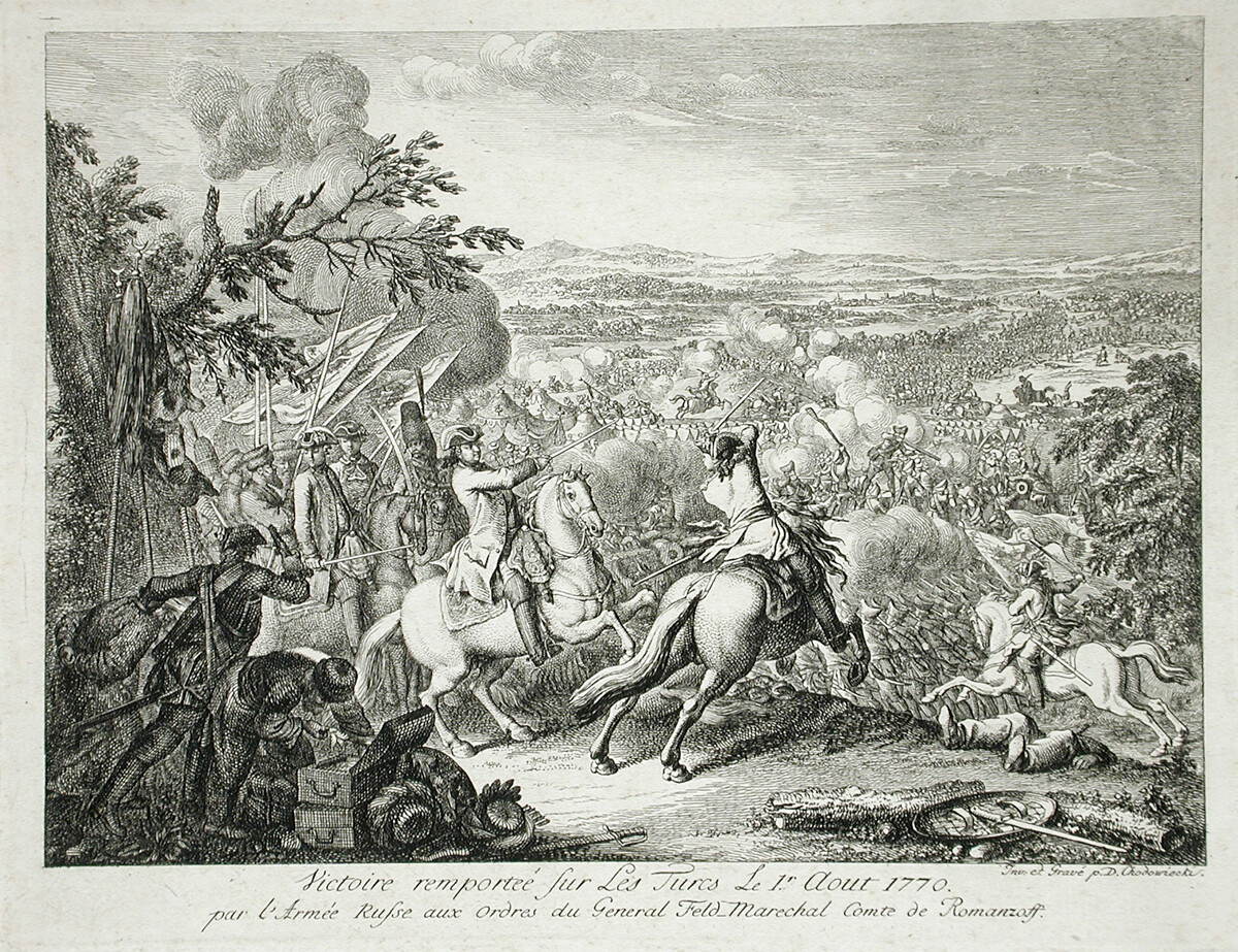 Battaglia di Kagul (oggi Cahul, in Moldova) del 1º agosto 1770 , tra l’Impero russo e l’Impero ottomano. Incisione di Daniel Chodowiecki