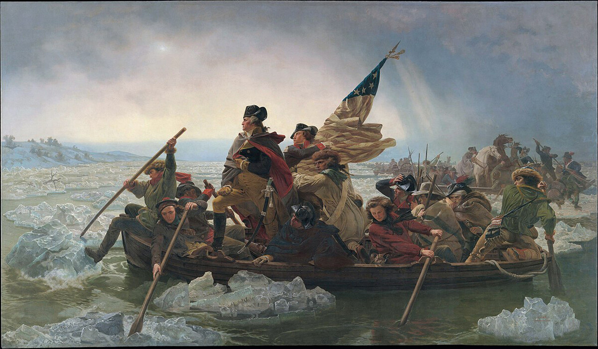 “Washington attraversa il fiume Delaware”, dipinto del 1851 di Emanuel Leutze che raffigura un evento chiave della Guerra d’indipendenza americana, nella notte tra il 25 e il 26 dicembre del 1776, che dette il via all’attacco a sorpresa che portò alla vittoria nella Battaglia di Trenton