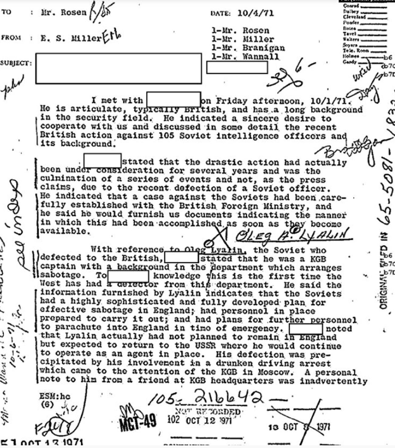 Fragmento del 'Caso de Lialin' en la correspondencia interna del FBI.