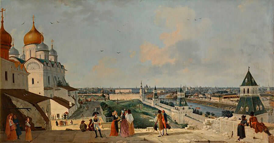 Vista de Moscou da varanda do Palácio do Kremlin em direção à Ponte Moskvoretski, 1797, J. Delabart
