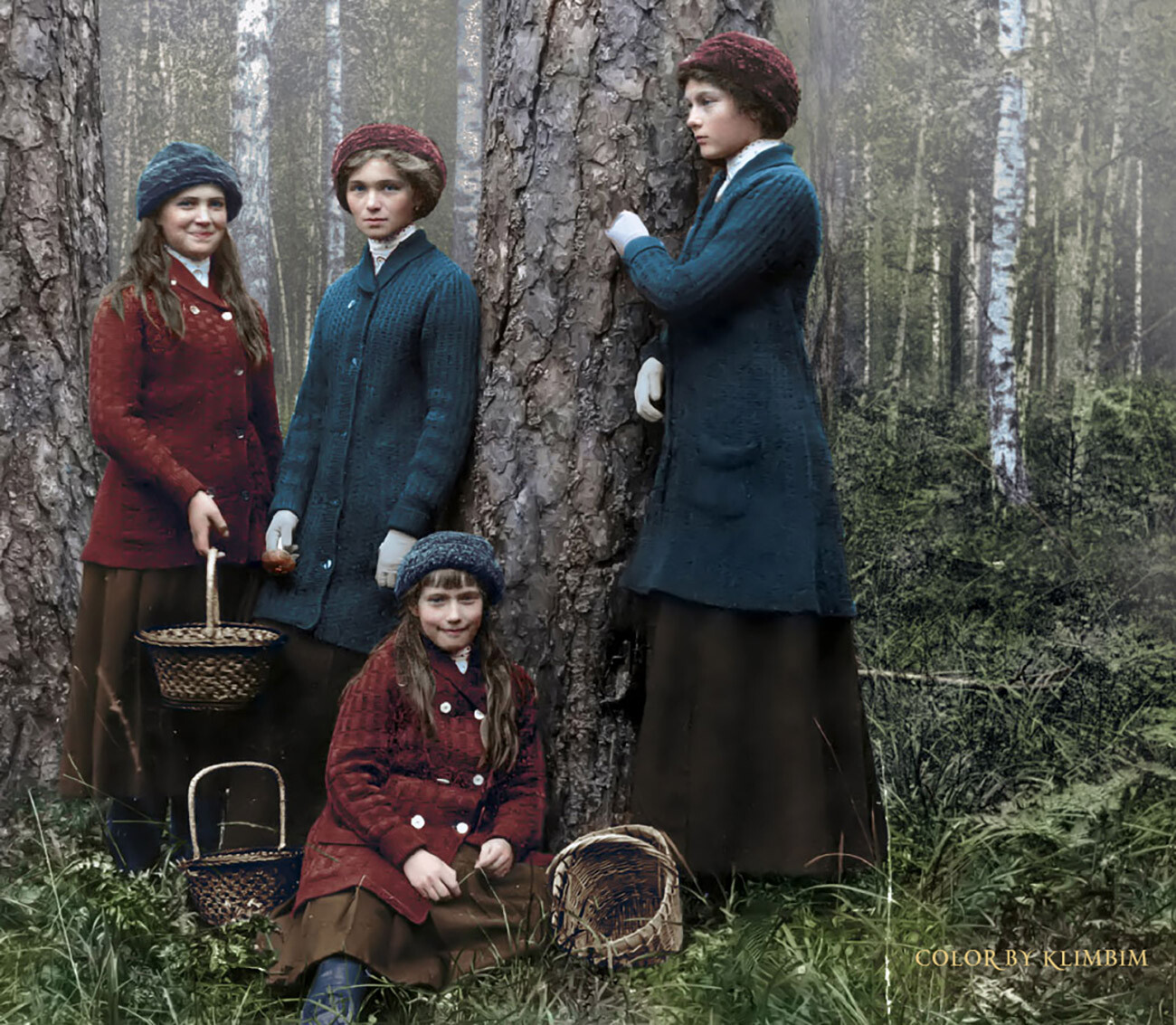 The Grand Duchesses hunting for mushrooms in a forest