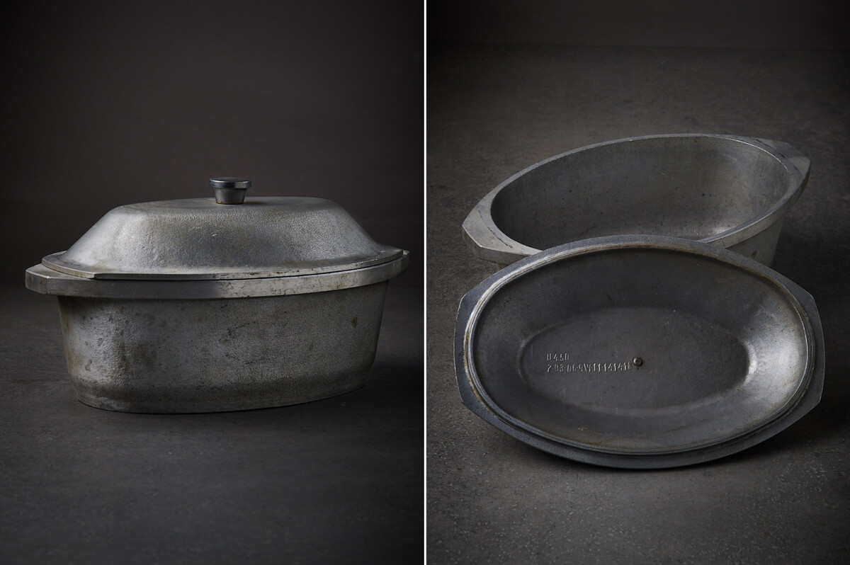 A cast-iron duck pan.