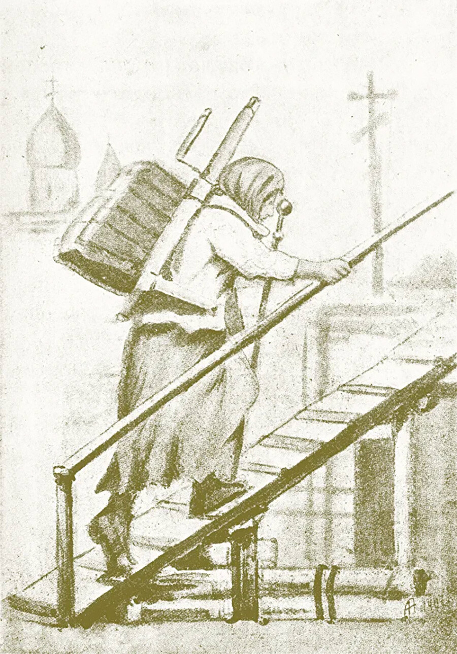 Santa Ksenija trasporta i mattoni sul campanile della Chiesa della Nostra Signora di Smolensk. Illustrazione dal libro di E. Rakhmanin “Santa Ksenija Serva del Signore”