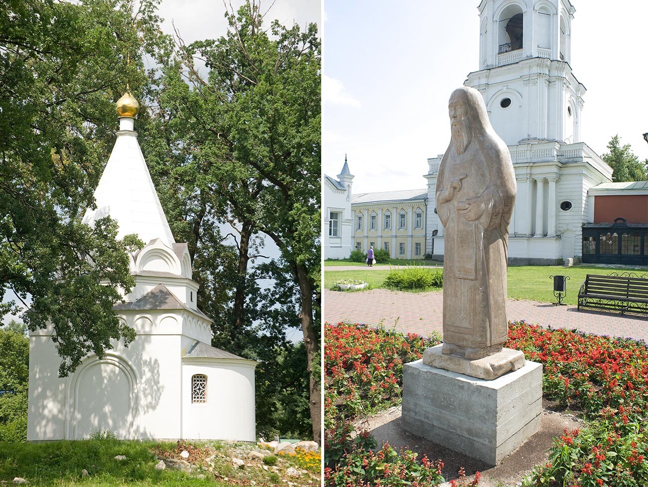 Izquierda: Monasterio de San Nicolás-Ugreshski. Capilla de la Pasión de Cristo, vista sur. 10 de julio de 2013. Derecha: Estatua de San Sergio de Radonezh, con el campanario al fondo. 10 de julio de 2013