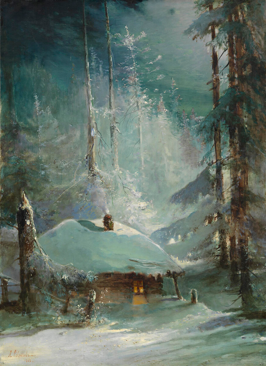 Hütte in einem Winterwald, Alexej Sawrasow, 1888.