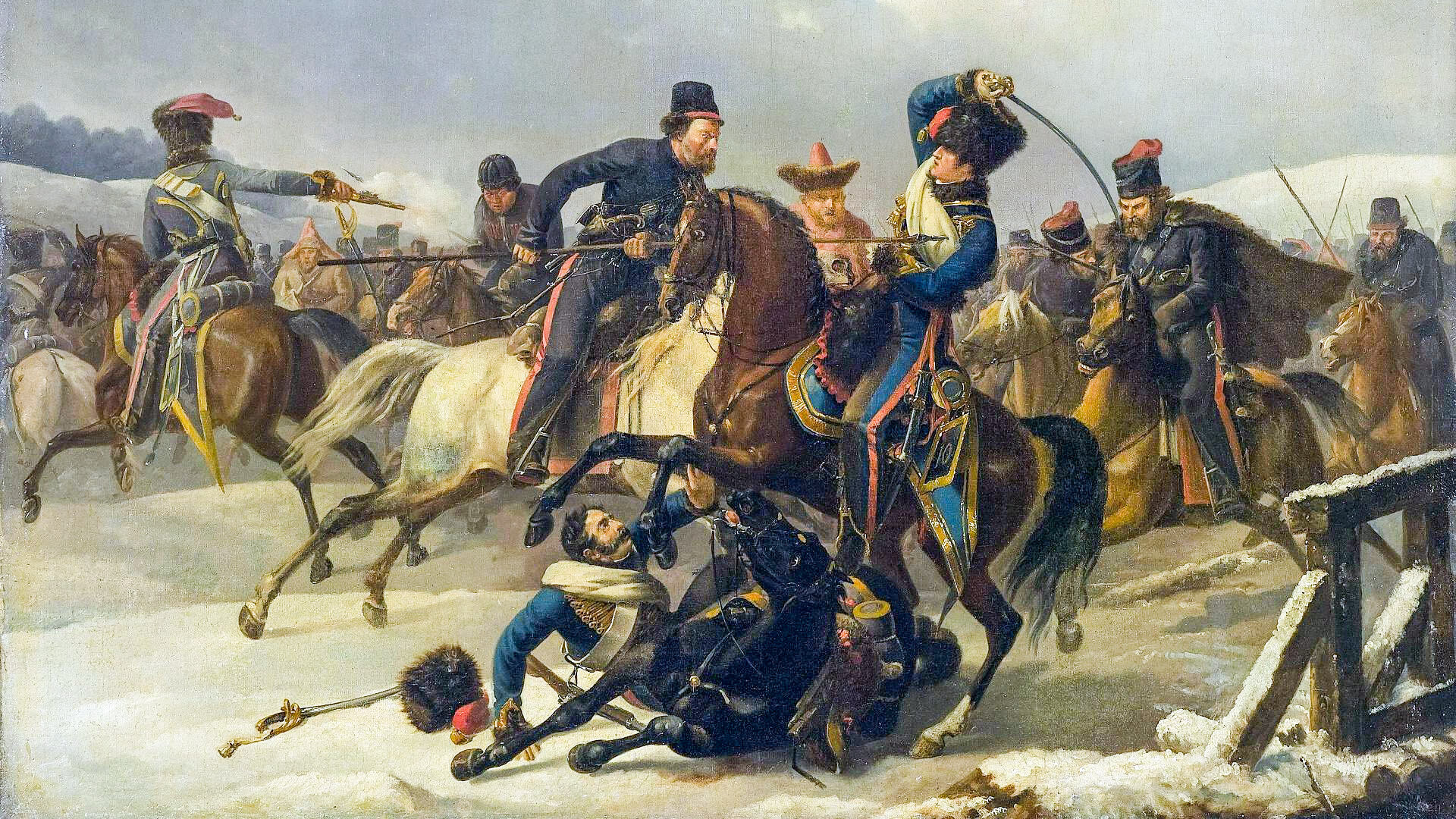 Affrontement des cavaliers français avec les cosaques près de Krasnoïé. L'on peut y voir aussi des cavaliers kalmouks et bachkirs.
