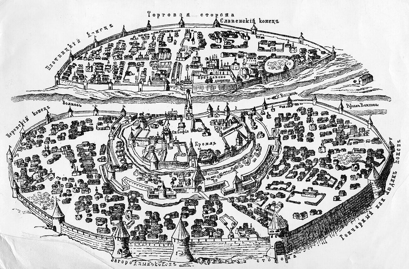 Pemandangan abad ke-16 dari kota metropolitan perdagangan Rusia di Novgorod