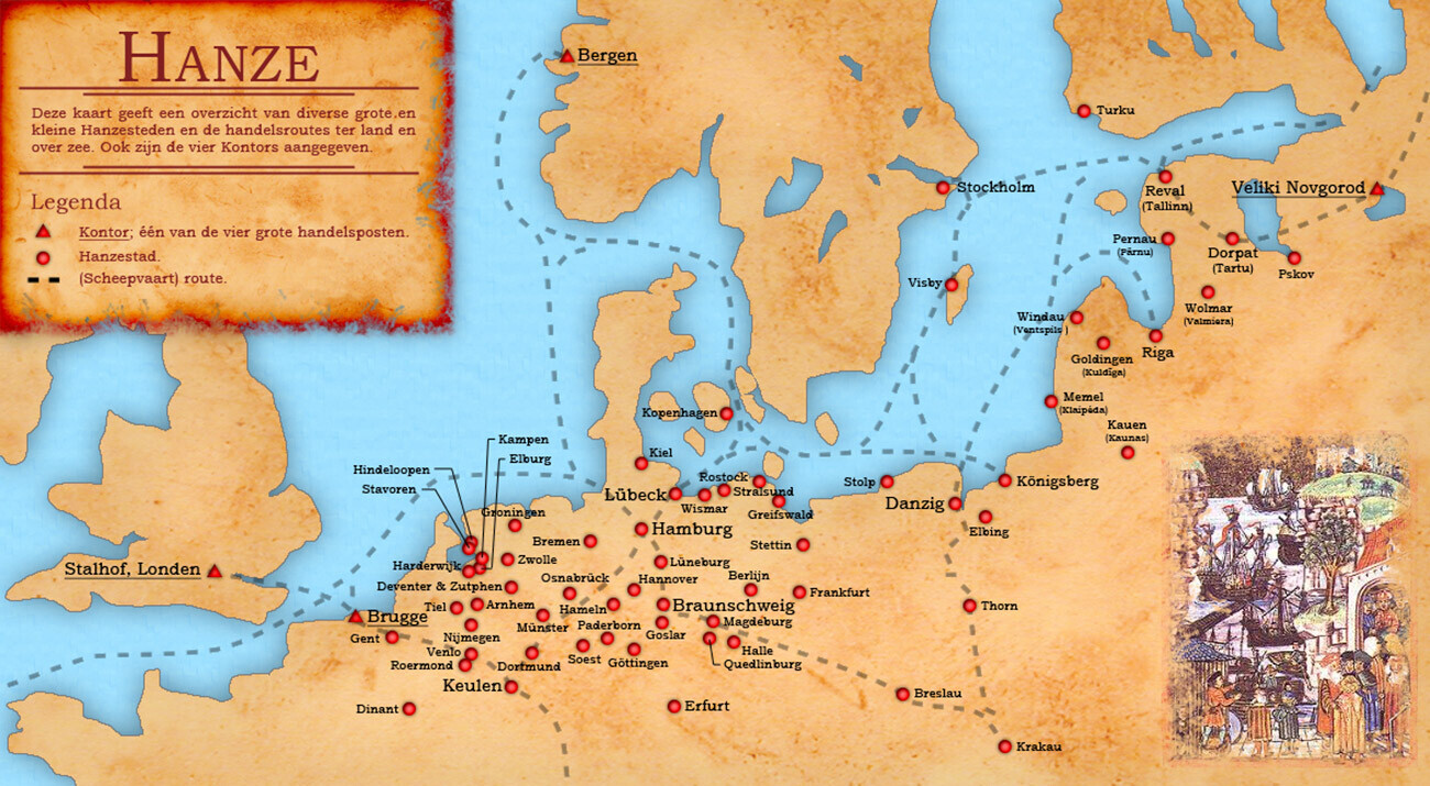 Peta Belanda tentang kota-kota Liga Hanseatic dan jalur perdagangan