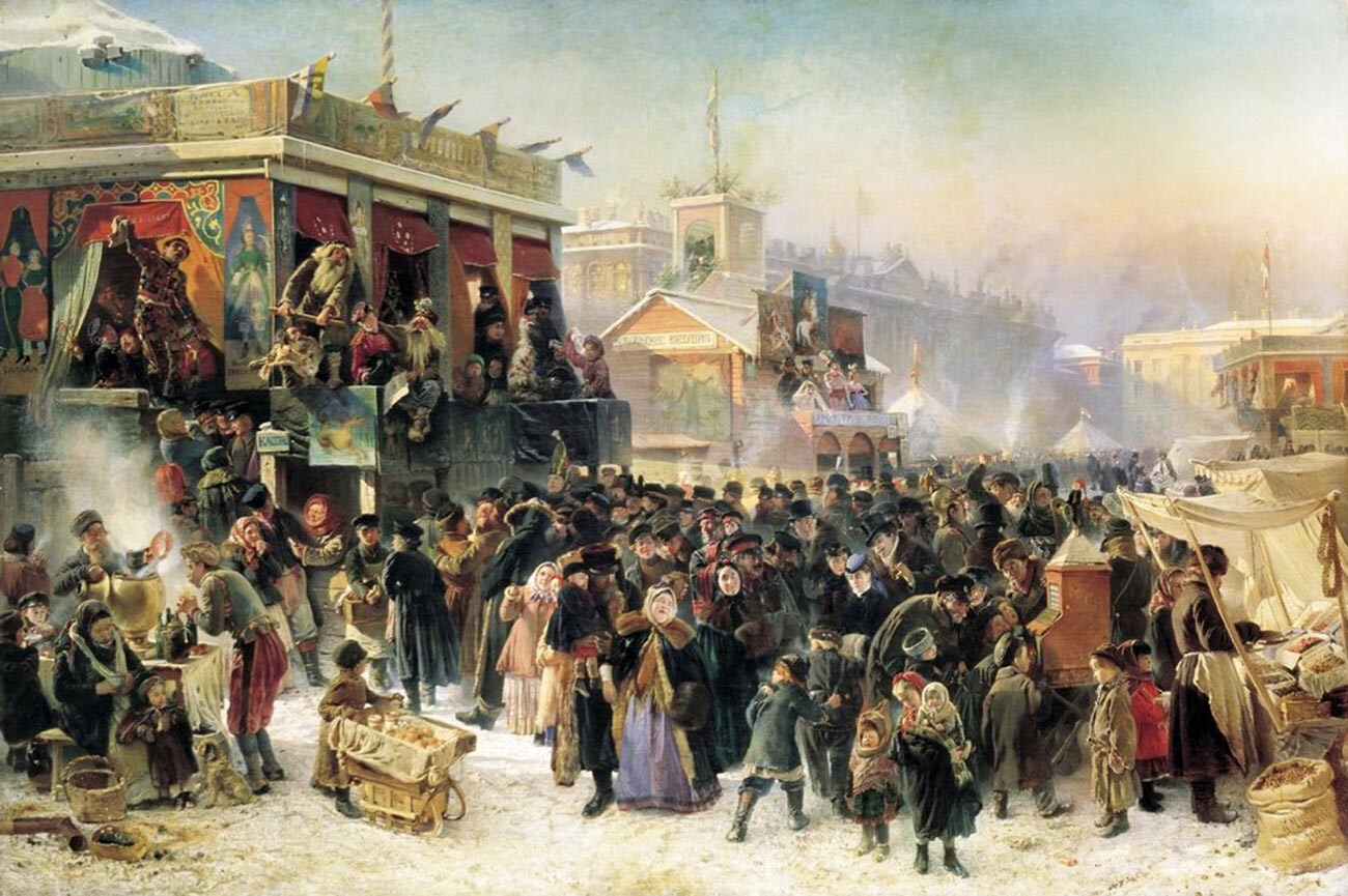 Ljudska veselica v času Maslenice na Admiralitetnem trgu v Sankt Peterburgu 