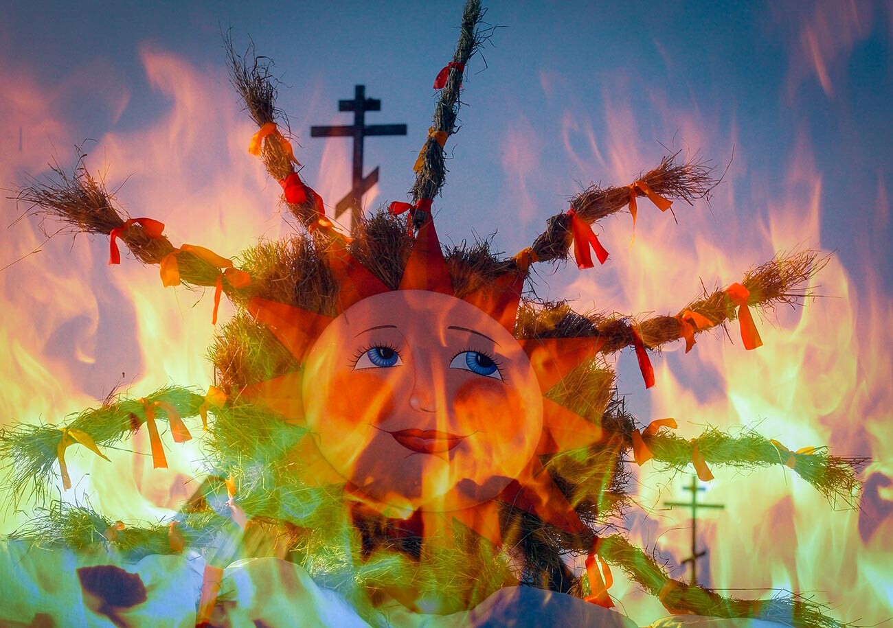 Sežiganje zimskega strašila na zadnji dan praznovanja Maslenice v Suzdalju