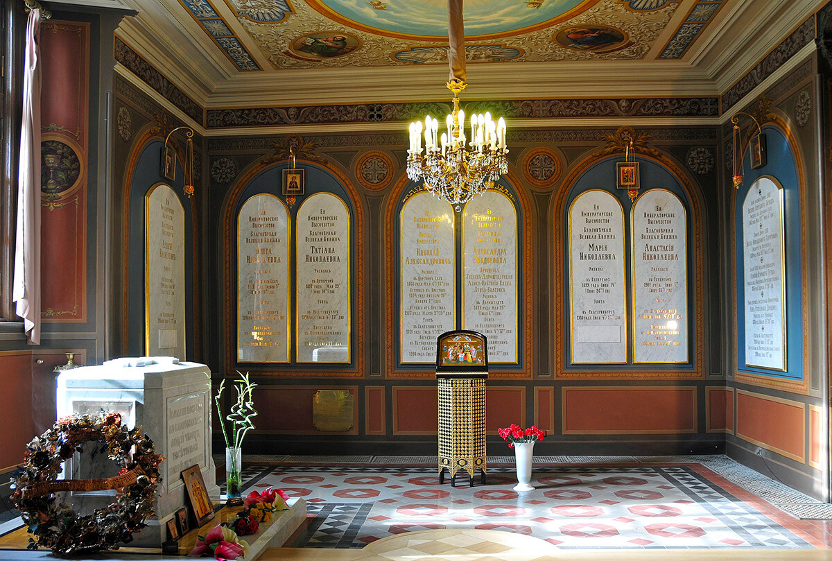 Tombstones marking the burial of Tsar Nicholas II and his family in St. Catherine's Chapel in the Peter and Paul Cathedral of the Petropavlovskaya fortress in St. Petersburg, Russia.