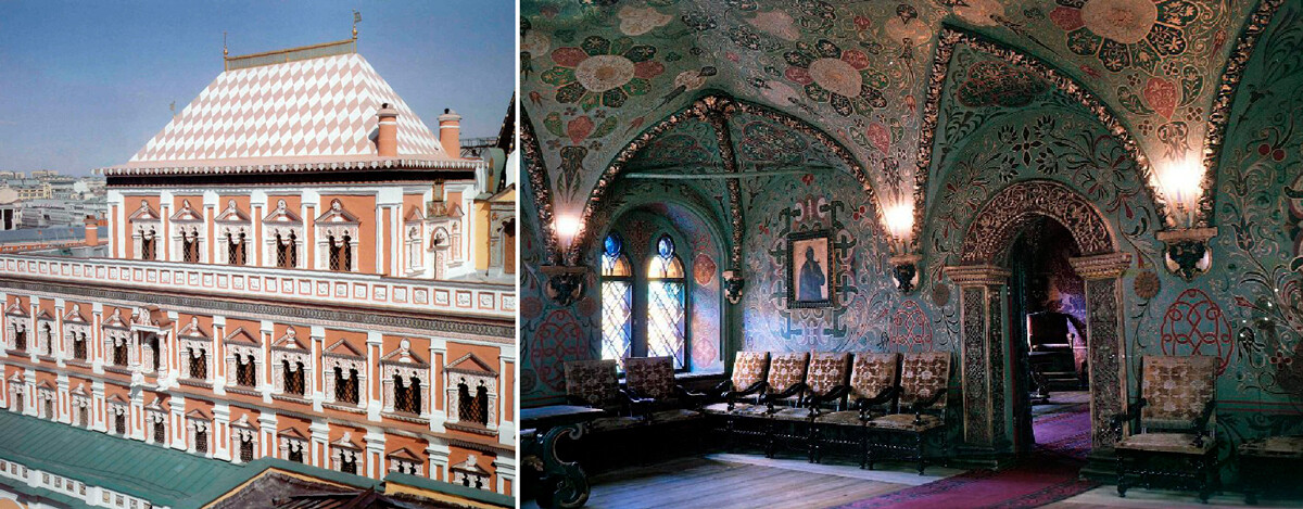Esterno ed interno del Palazzo Terem, nel Cremlino di Mosca, principale residenza degli zar russi durante il XVII secolo