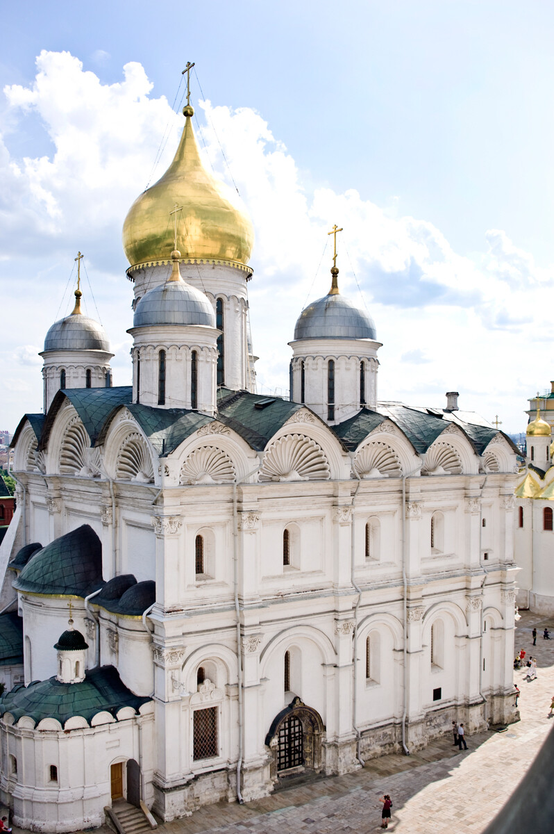 Cathedral of Archangel Michael. Northeast view from Bell Tower of Ivan the Great. Left corner: attached church originally dedicated to Intercession of the Virgin. July 17, 2009