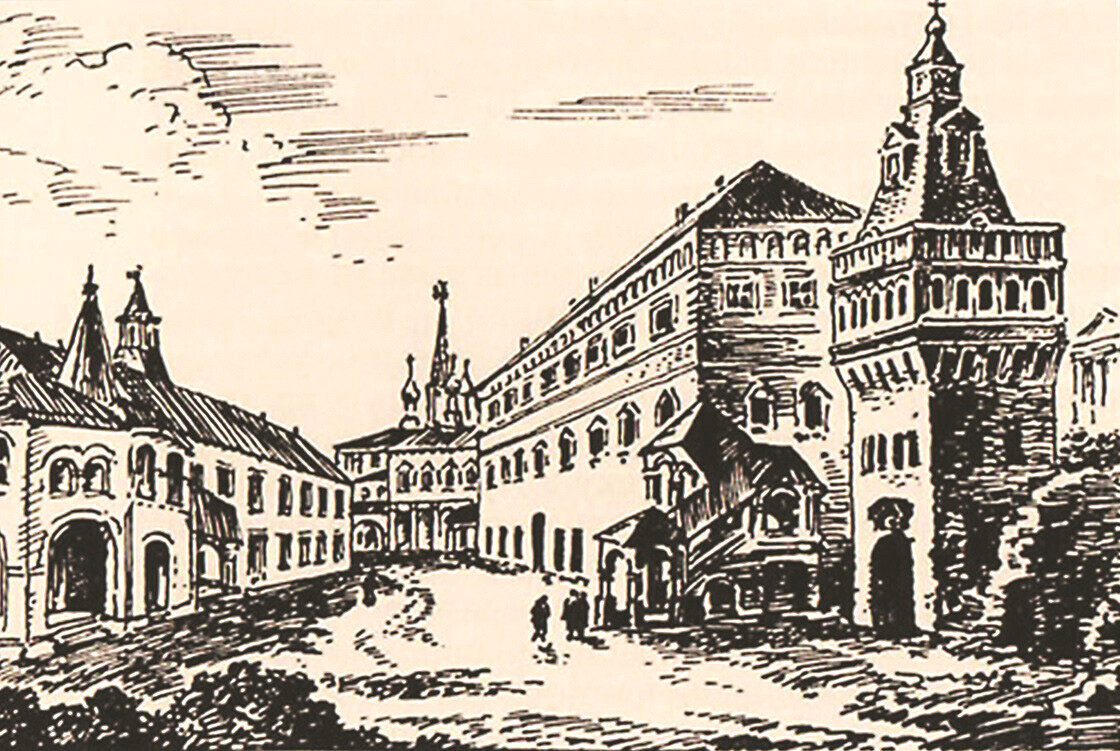 Stavba Lekarniškega prikaza (urada) v Moskvi (okoli leta 1600)