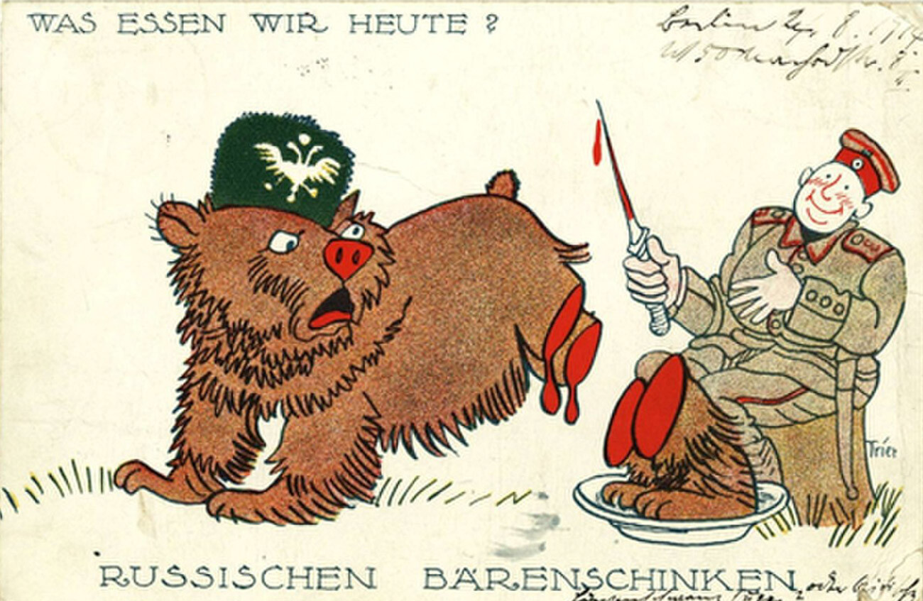 Cartolina satirica tedesca: “– Cosa mangiamo oggi? – Prosciutto di orso russo”
