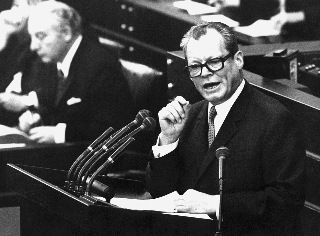 Chancellor Willy Brandt gives a governmental statement in the German Bundestag in Bonn on the 28th of September in 1969.