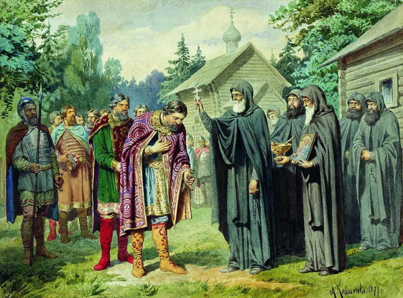 “Venerable Sergius of Radonezh blesses the holy Grand Prince Dmitry Donskoy before the Battle of Kulikovo”. 1880