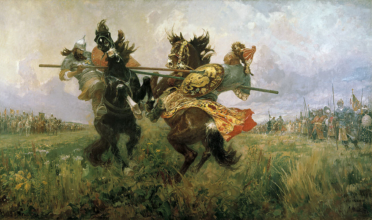 “The duel of Peresvet with Chelubey on Kulikovo Field”. 1943