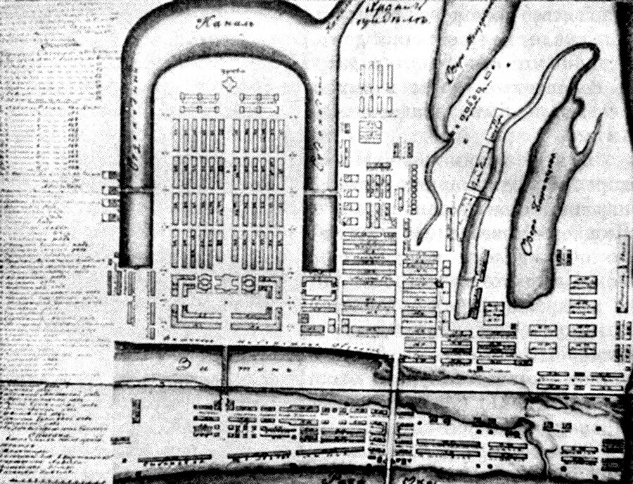 Plano inicial de la ubicación de las filas comerciales en la Feria Makárievskaia. Del archivo de A. Betancourt en 1821