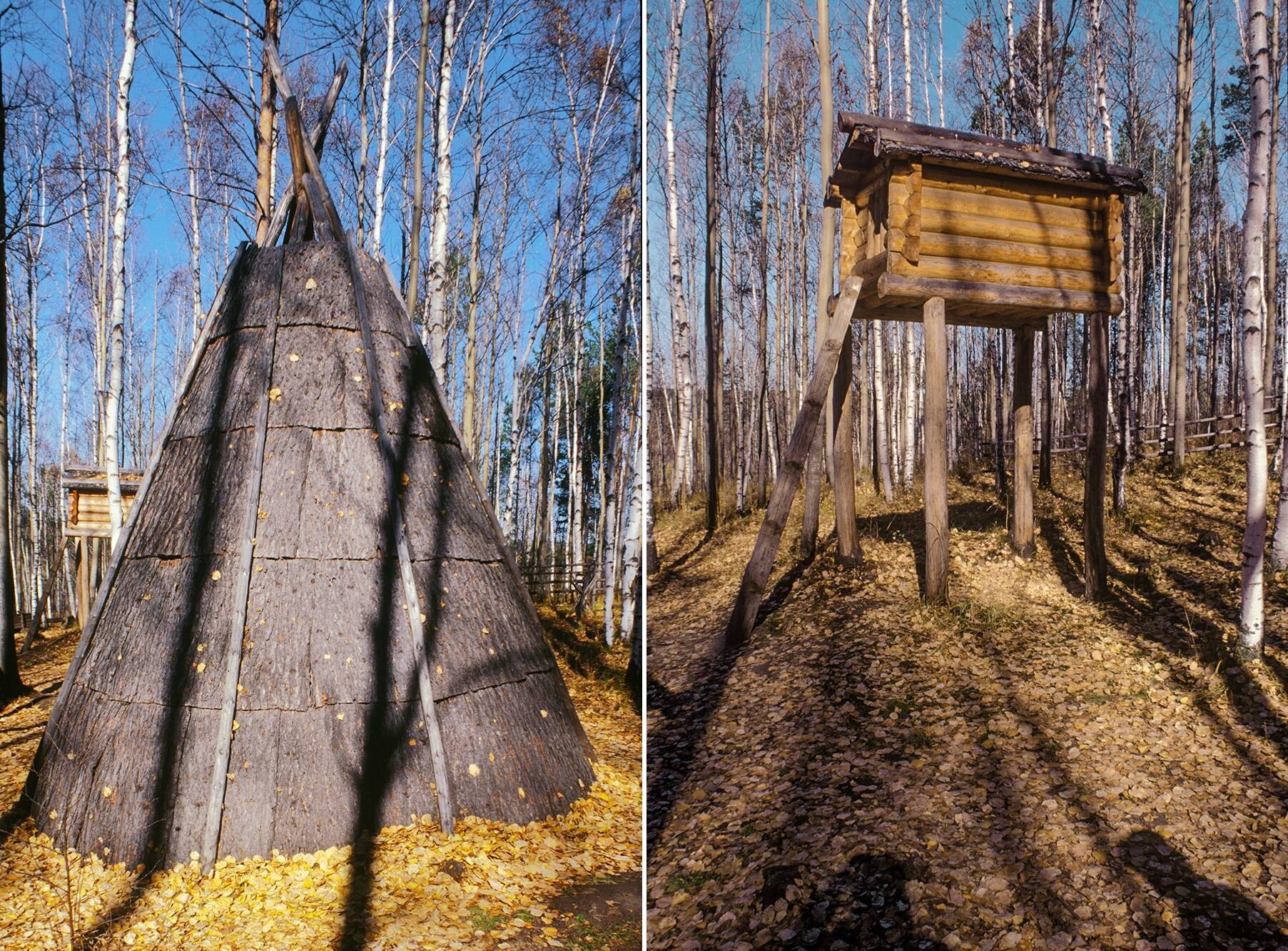Taltsy. Left: Evenki shaman's wickiup (chum).  Right: Evenki hunter's game shed (labaz), elevated to protect game from predators. October 2, 1999