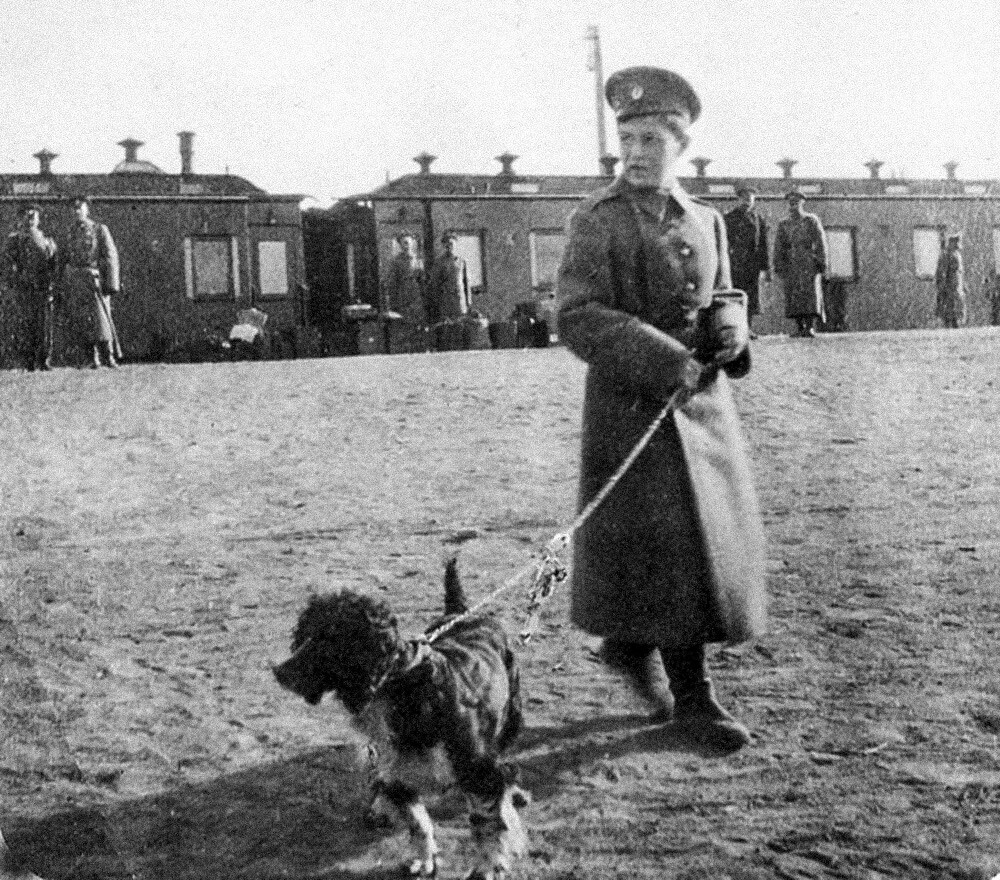 Tsarevich Alexei and his dog Joy at a train station.
