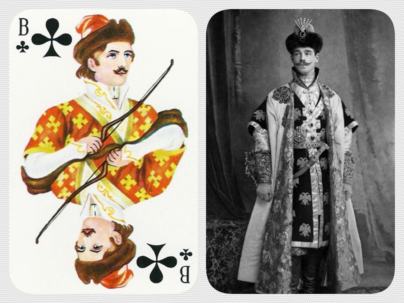 L’immagine di Mikhail a un ballo in maschera del 1903 venne utilizzata come prototipo del fante di fiori nel famoso mazzo di carte da gioco in “stile russo”