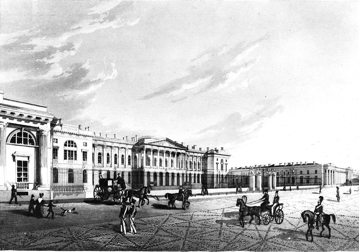 Il Palazzo Mikhajlovskij di San Pietroburgo, ex residenza dell’imperatore Paolo I, in una immagine degli anni Venti dell’Ottocento
