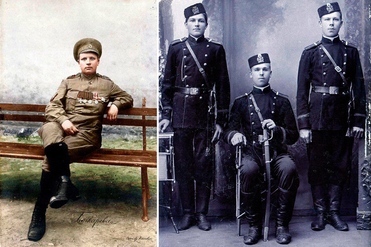 María Bochkariova (izquierda) con una gabardina del ejército imperial ruso / Soldados rusos con sombreros de cordero