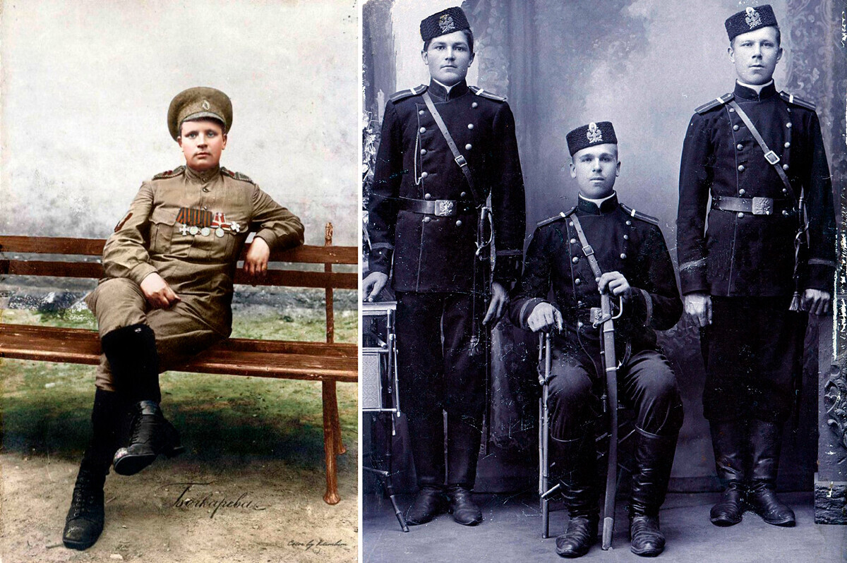 Maria Botchkareva (esq.) com vestes do Exército Imperial Russo // Soldados russos usando chapéu de carneiro