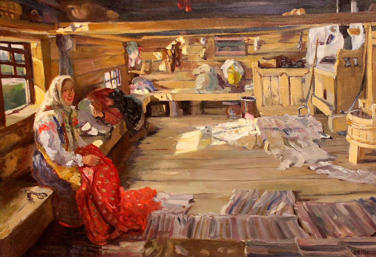 'A home in Vologda region,' 1925, by Nikolai Terpsikhorov. This grown-up woman is alone at home during a summer day, which is unusual for working months. That means she is probably on her periods, as women were forbidden to work in the fields during these days. However, cleaning was not forbidden.