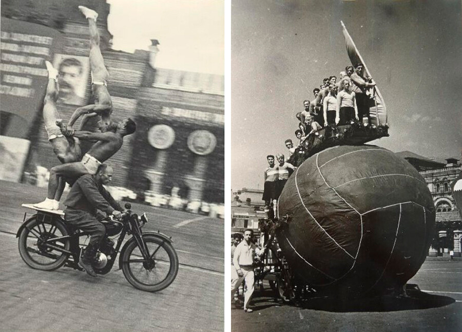 Momenti spettacolari di una parata di atleti sulla Piazza Rossa negli anni Trenta del Novecento