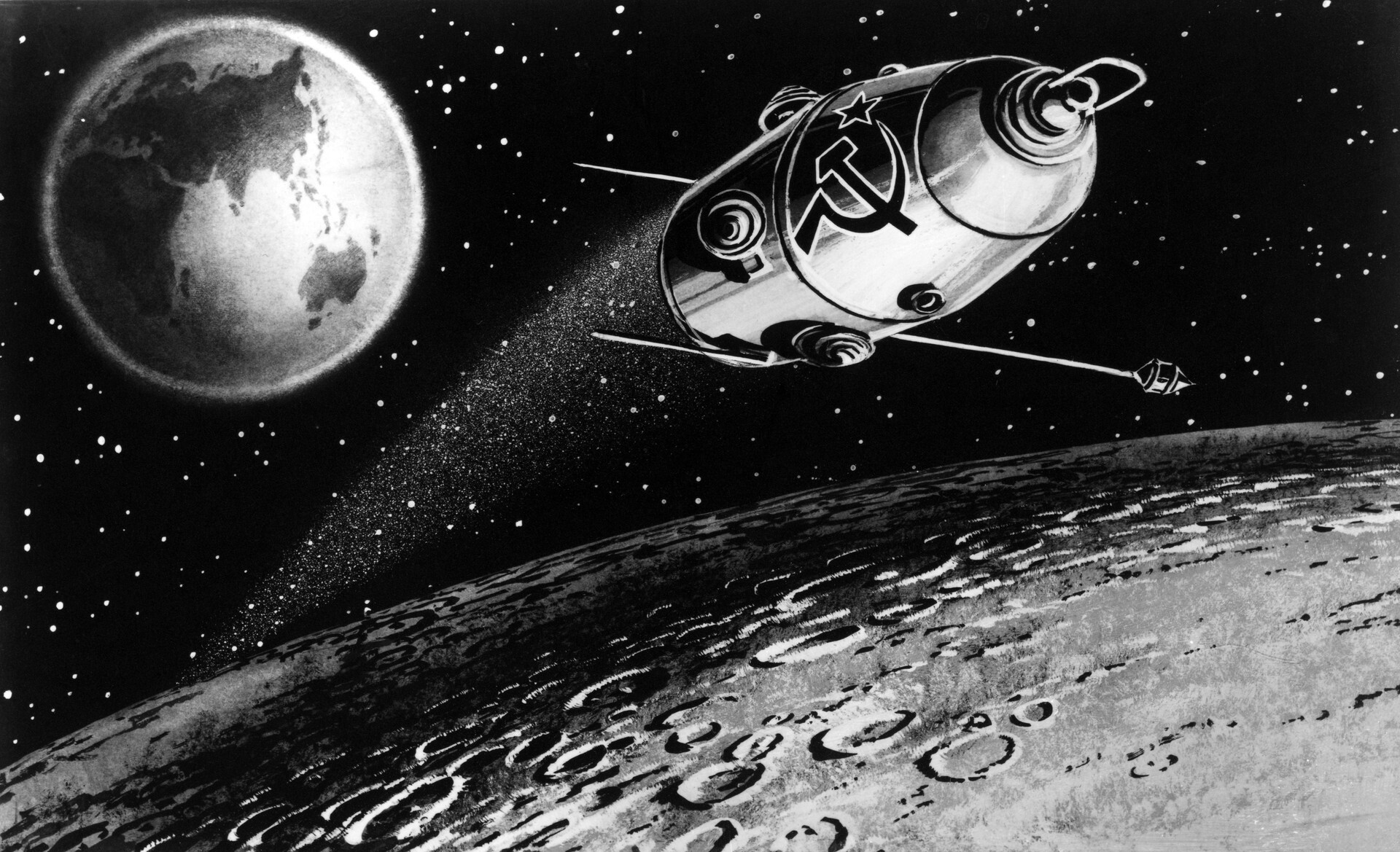 Рисунок первого спутника. 1966 Г. - В СССР осуществлен запуск первого искусственного спутника Луны. Луна-10 автоматическая межпланетная станция. Искусственные спутники Луны 1966 год.