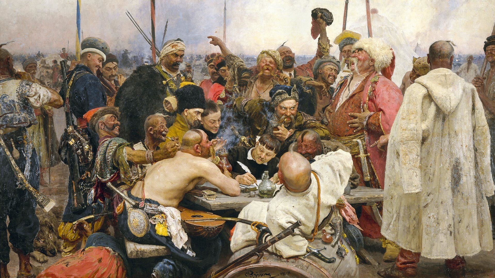 'Respuesta de los cosacos zaporozhianos al sultán Mehmed IV del Imperio otomano', 1880-1891 por Ilyá Repin (1844-1930).