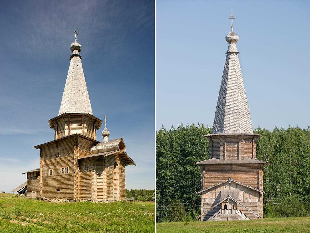 Semjonkovo. Chiesa di San Giorgio, vista sud-est e vista ovest con portico d'ingresso sopraelevato. Originariamente costruita all’inizio del XVIII secolo nel villaggio di Totskij (distretto di Tarnoga). Foto del 23 luglio 2011