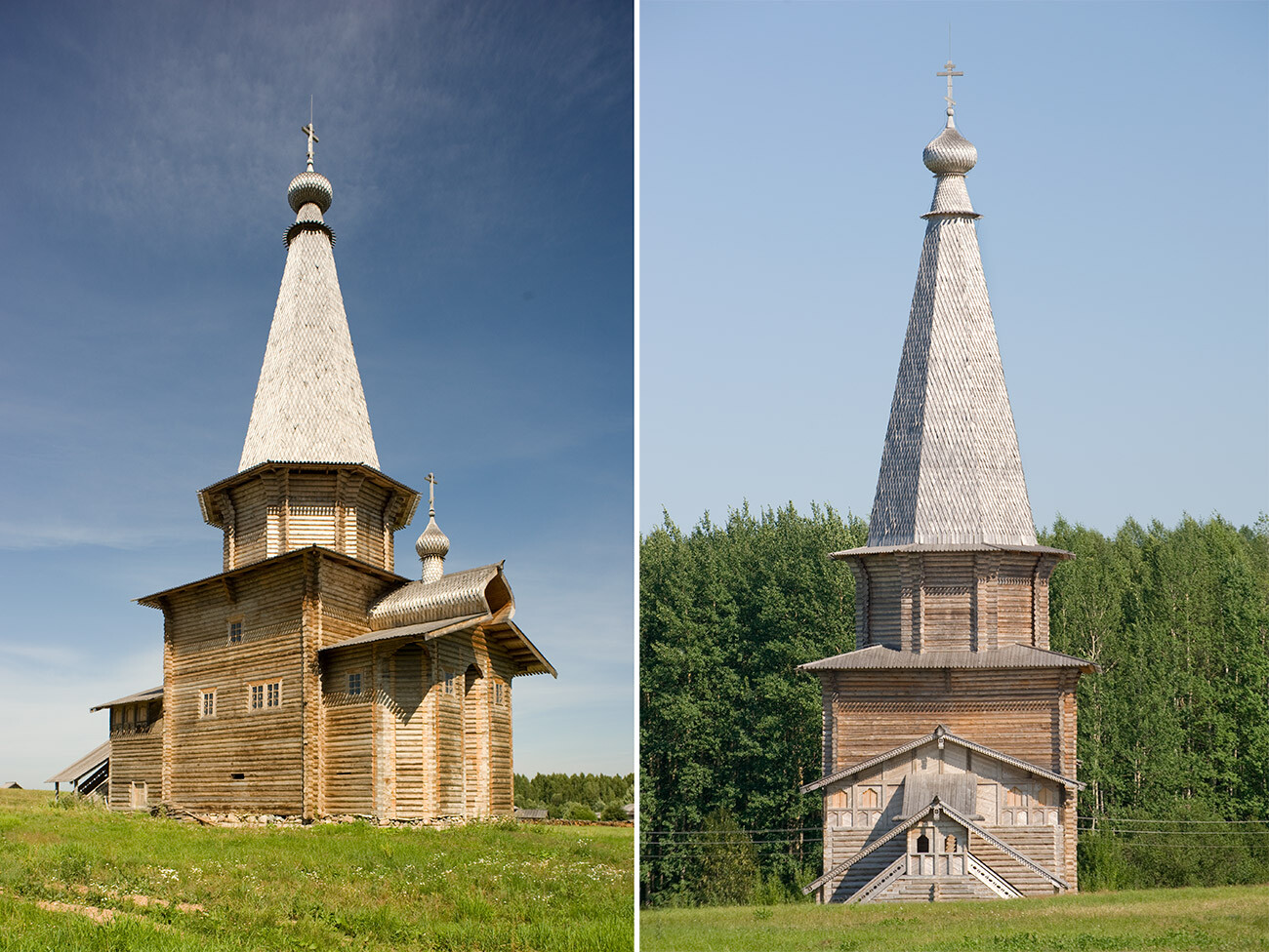 Semionkovo. Église Saint-Georges, vue sud-est et vue ouest avec le porche d'entrée surélevé. Construite au début du XVIIIe siècle dans le village de Totski (district de Tarnoga). 23 juillet 2011