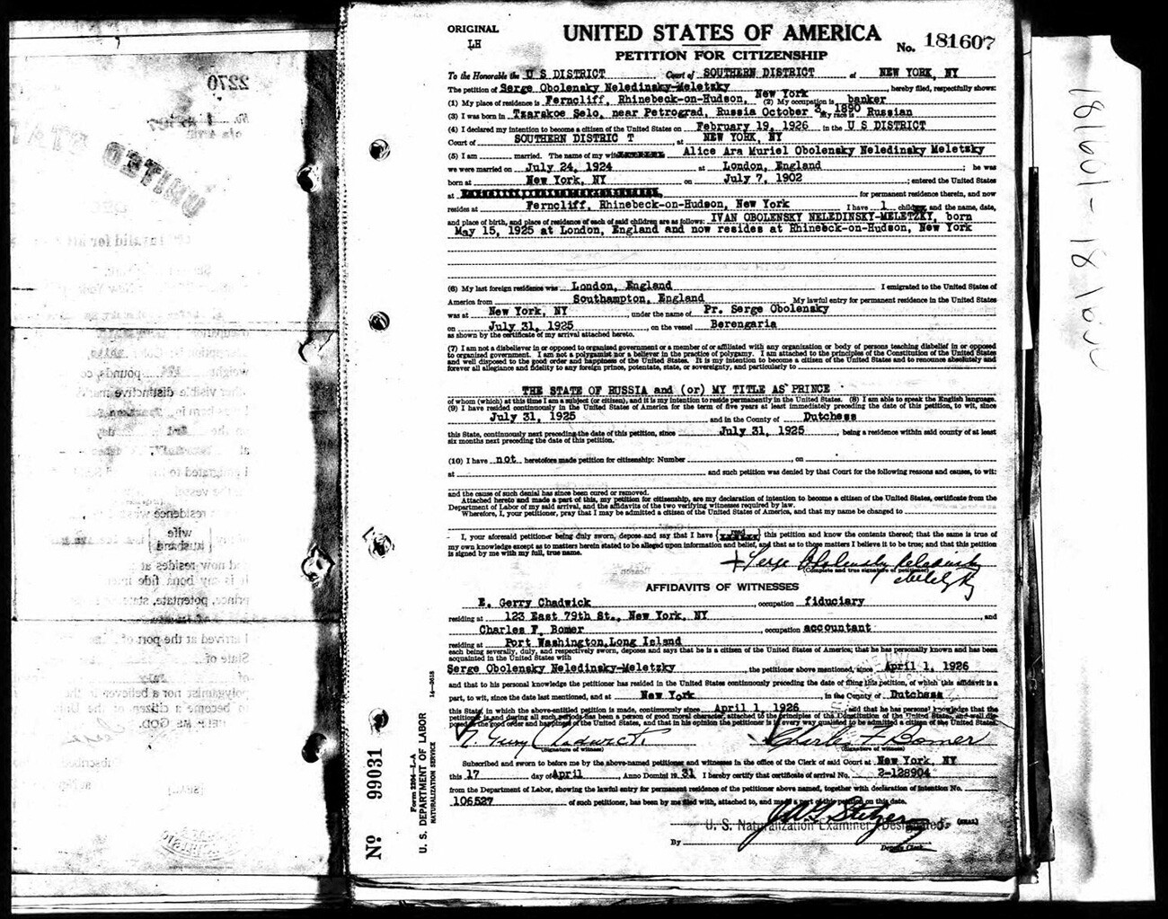 La domanda per l‘ottenimento della cittadinanza americana di Serge Obolensky, 1925

