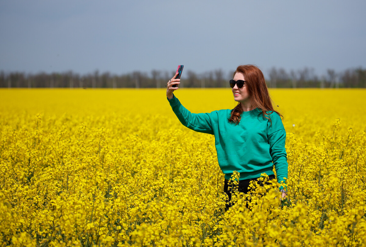 Dekle se fotografira na polju ogrščice, Krasnodarski okraj 