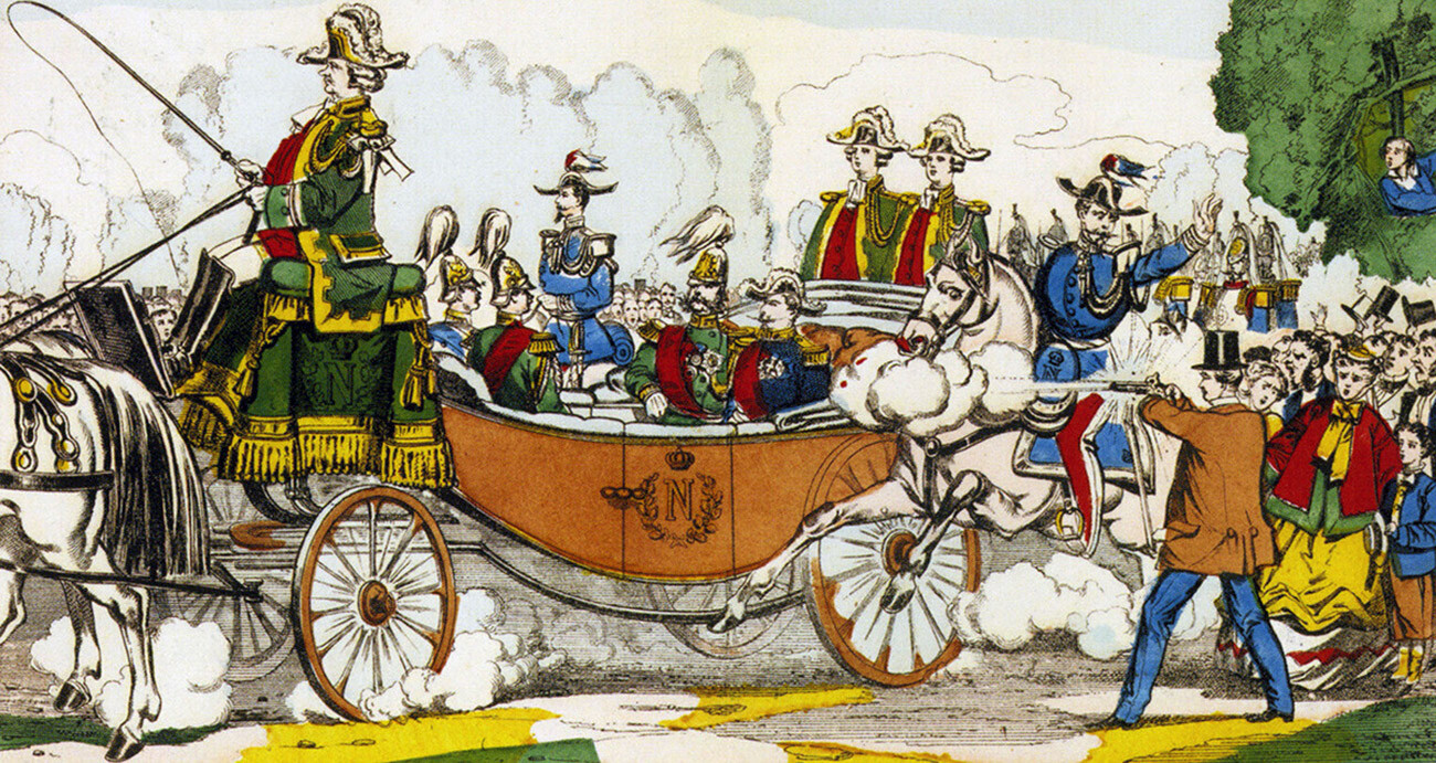 Покушение на Александра в Париже: в коляске Александр с сыновьями и Наполеоном III, стреляет Антон Березовский
