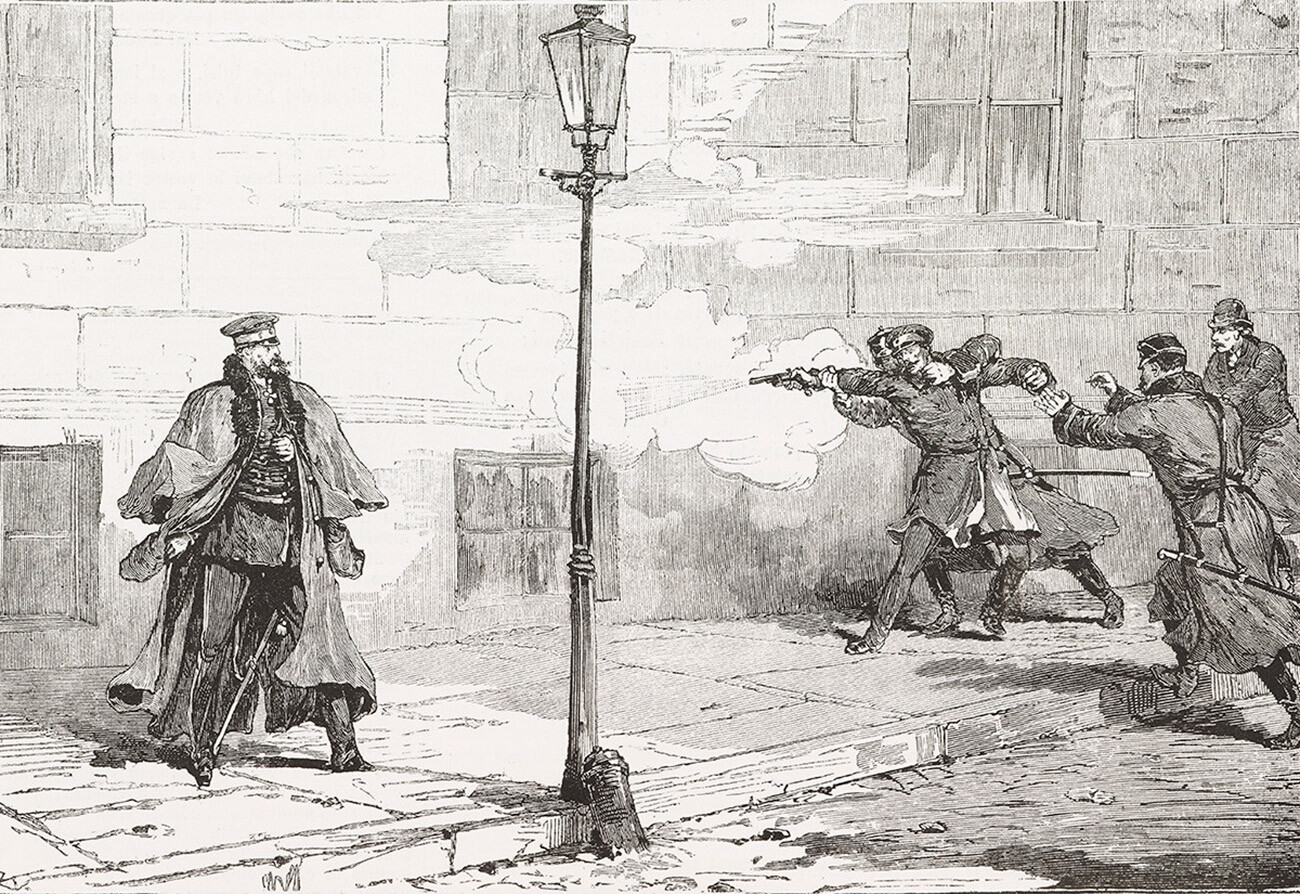 Атака императора Александром Соловьевым. Иллюстрация из итальянской газеты L'Illustrazione Italiana от 4 мая 1879 г.