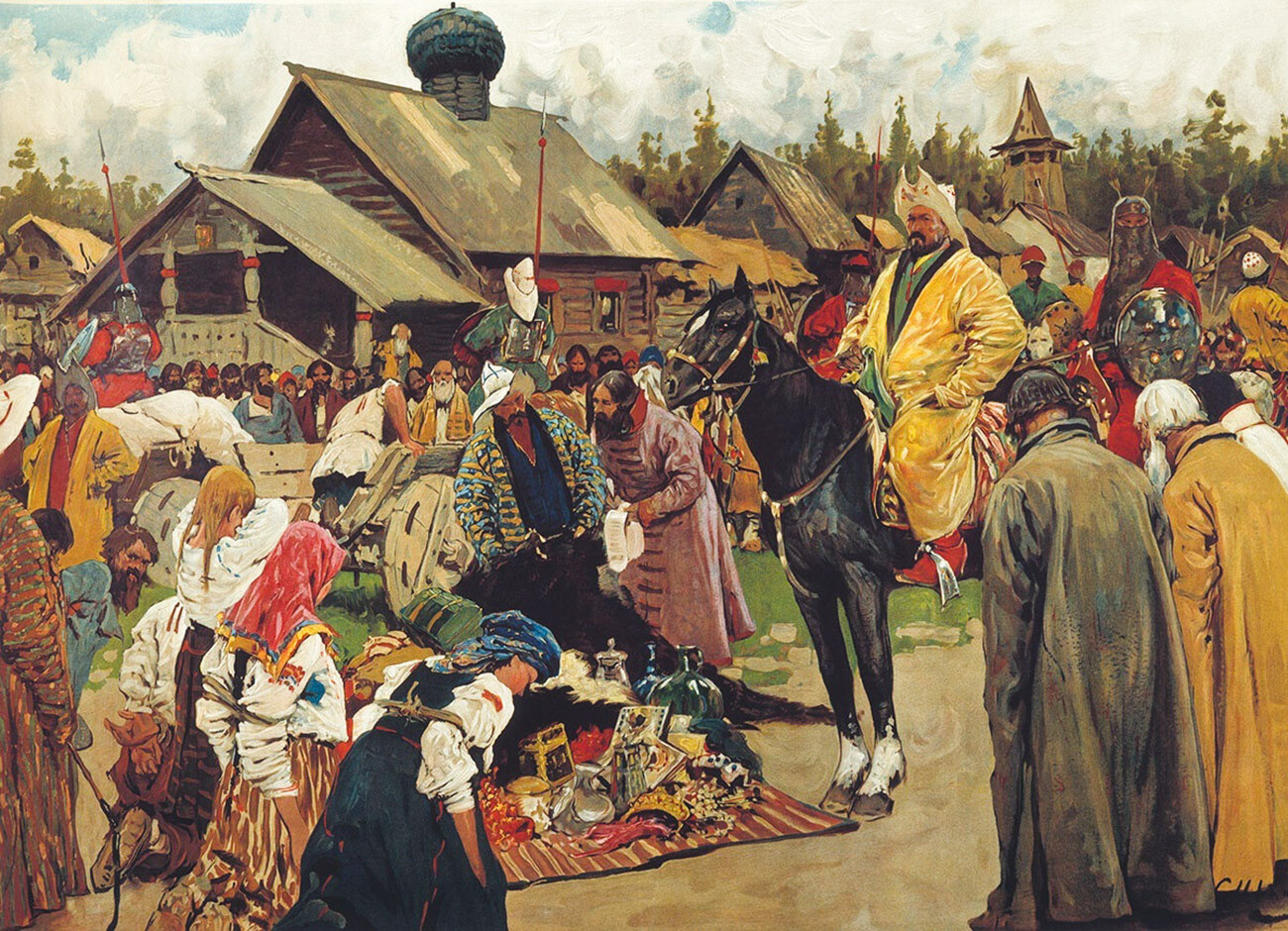 “I Basqaq”, dipinto del pittore Sergej Ivanov (1864-1910) . Possiamo vedere un nobile cavaliere mongolo che raccoglie tributi e i contadini russi che si inginocchiano davanti a lui in segno di rispetto. Questa figura di esattore era detto “basqaq” in turco e “darughachi” in mongolo