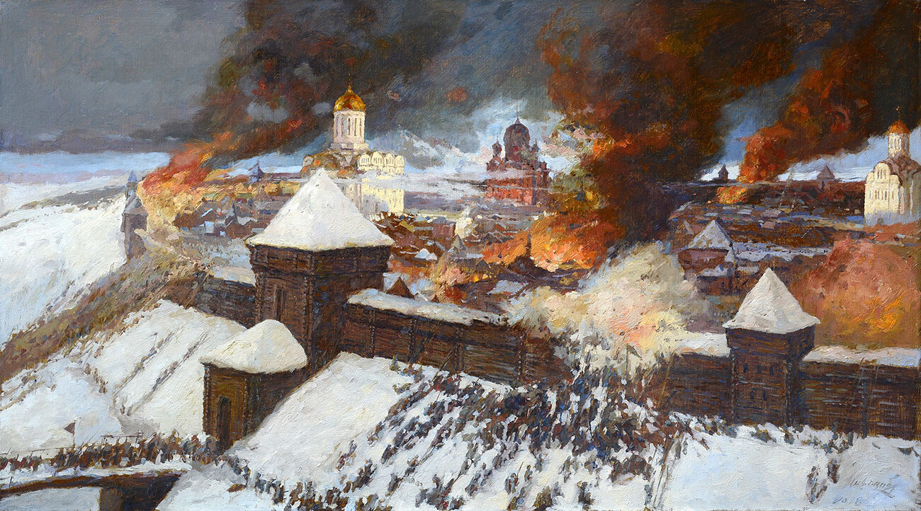 “L’assedio di Rjazan”, riproduzione di Aleksej Mironov del dipinto di “Yefim Deshalyt” (1921-1996). Batu Khan prese e distrusse Rjazan nel 1237
